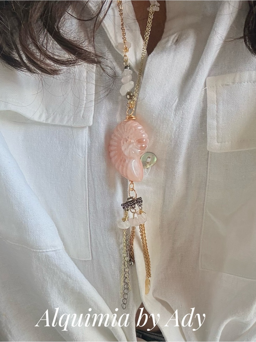 Summer beaded Pink Rose Quartz Nautilus Tassel Necklace - Picture 5 of 11